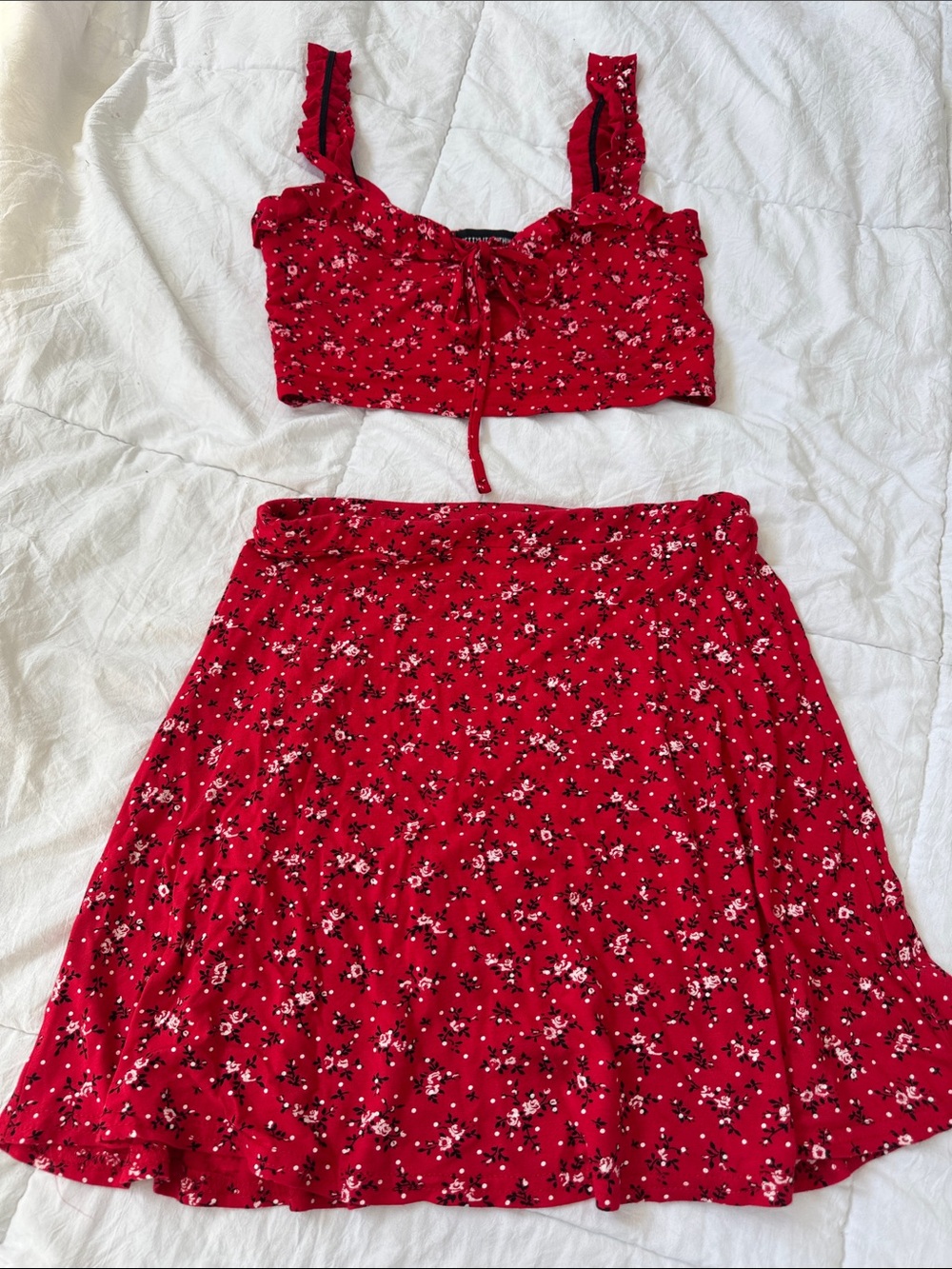 PrettyLittleThing Red Floral Two-Piece Skirt Set